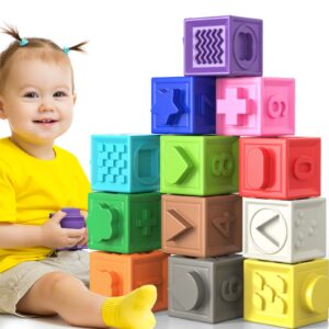 EPPO 12PCS Baby Blocks Soft Building Blocks for Baby Toys Montessori Sensory Infant Bath ToysTeethers Toy for Toddlers Babies 6 9 Month 1 2 3Year Old Up