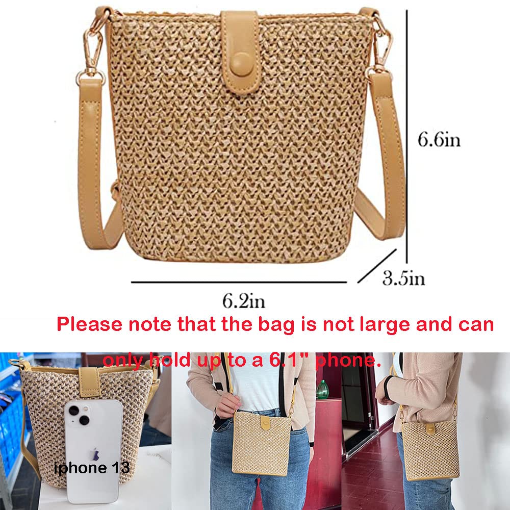 Gogobear Women Small Straw Crossbody Bag Summer Woven Bucket Bag Handmade Purse Clutch Bag for Travel Vacation,White