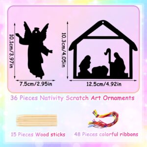 36 Pcs Nativity Scene Scratch Paper Christmas Tree Scratch Ornaments for Kids Include Scratch Card 10 Wooden Styluses 36 Colorful Ribbons for Christmas Birthday Classroom Holiday Crafts Supplies