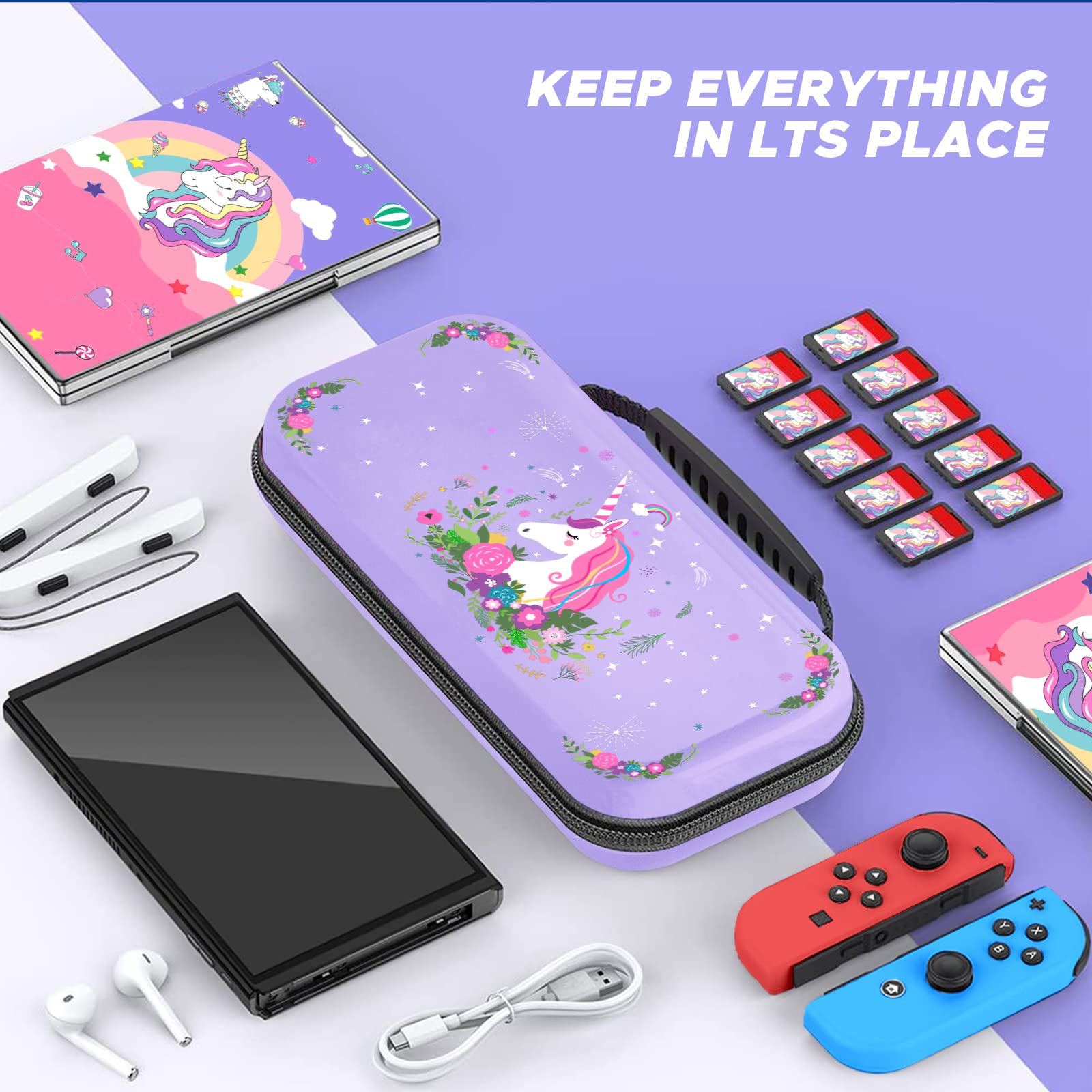 homicozy Cute Unicorn Protection Case for Nintendo Switch,Purple Hard Carrying Case with Soft TPU Protective Cover and Protection Acessories Compatible with Nintendo Switch for Girls