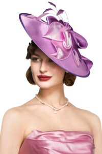 babeyond derby hats for women - fascinators tea party hats headband wide brim fascinator wedding cocktail flower feathers light purple