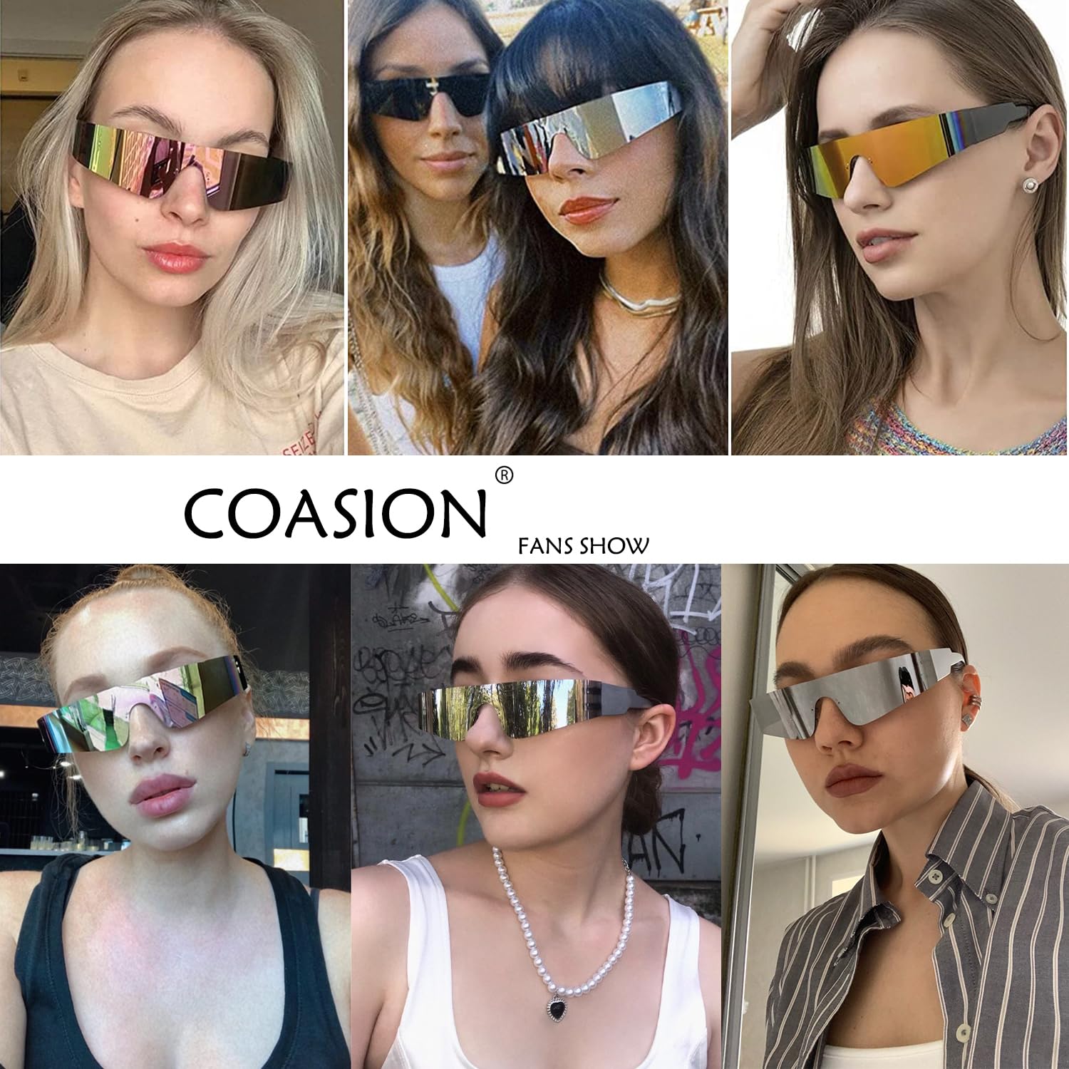 COASION Wrap Around Sunglasses for Women Men Trendy Rimless Futuristic Shades Y2k Shield Flat Top Fashion Eyeglasses (Black/Blue Mirrored)