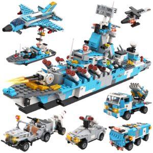 1294 Pieces Military Battleship Building Blocks Set,6 In 1 Cruiser Warship Toy with Patrol Boat,Fighter Plane,Missile Vehicle,Armored Tank,Storage Box with Baseplate Lid,Gifts for Boys Girls Ages 6+