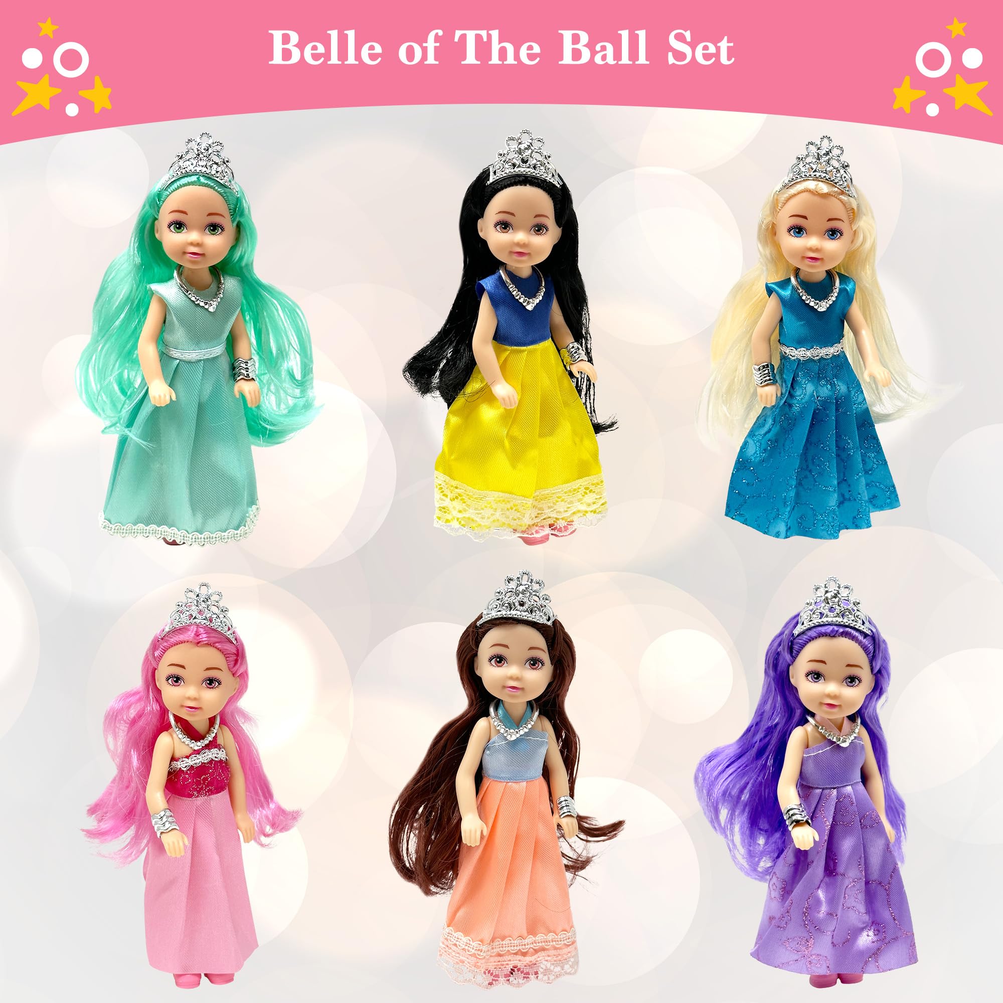 Little Dolls Set with Mini Princess Dolls for Girls – Princess Toy Dolls for Dollhouse –Small Doll Mini Princess Figures with Tiaras, Hair Accessories