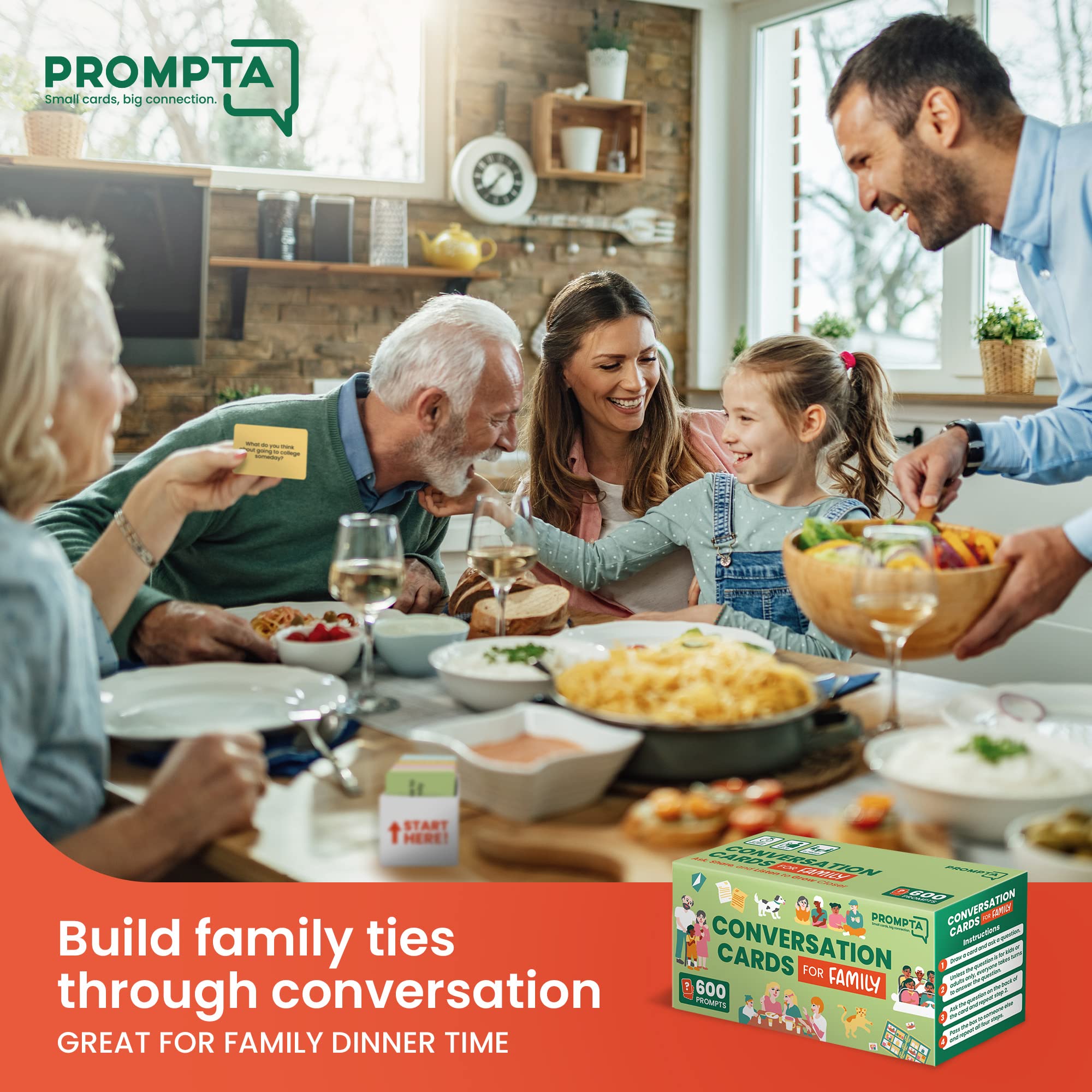 Prompta 600 Conversation Cards for Families – Fun Conversation Starters Card Game for Adults and Families – Road Trip Must Have Travel Game to Get to Know Your Family - Kids Dinner Time