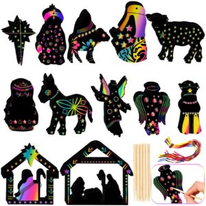 36 Pcs Nativity Scene Scratch Paper Christmas Tree Scratch Ornaments for Kids Include Scratch Card 10 Wooden Styluses 36 Colorful Ribbons for Christmas Birthday Classroom Holiday Crafts Supplies