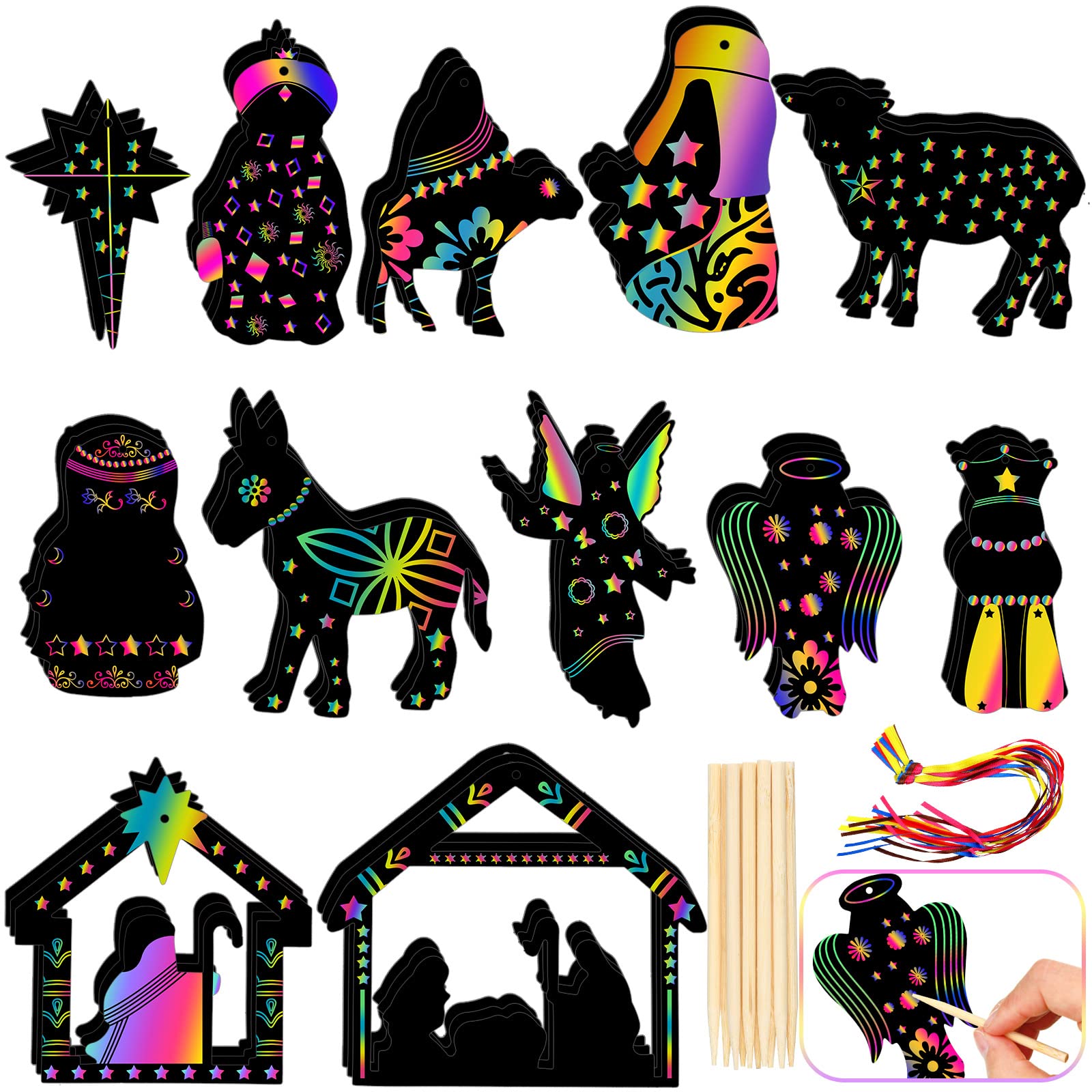 36 Pcs Nativity Scene Scratch Paper Christmas Tree Scratch Ornaments for Kids Include Scratch Card 10 Wooden Styluses 36 Colorful Ribbons for Christmas Birthday Classroom Holiday Crafts Supplies