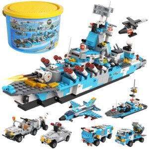 1294 Pieces Military Battleship Building Blocks Set,6 In 1 Cruiser Warship Toy with Patrol Boat,Fighter Plane,Missile Vehicle,Armored Tank,Storage Box with Baseplate Lid,Gifts for Boys Girls Ages 6+