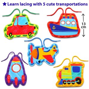 KRAFUN Preschool Beginner First Lacing Card Kit for Kids Training Arts & Crafts, 5 Easy Transport and Cars Lacing Projects, Lacing Cards for Toddlers, Fine Motor Skills Toys