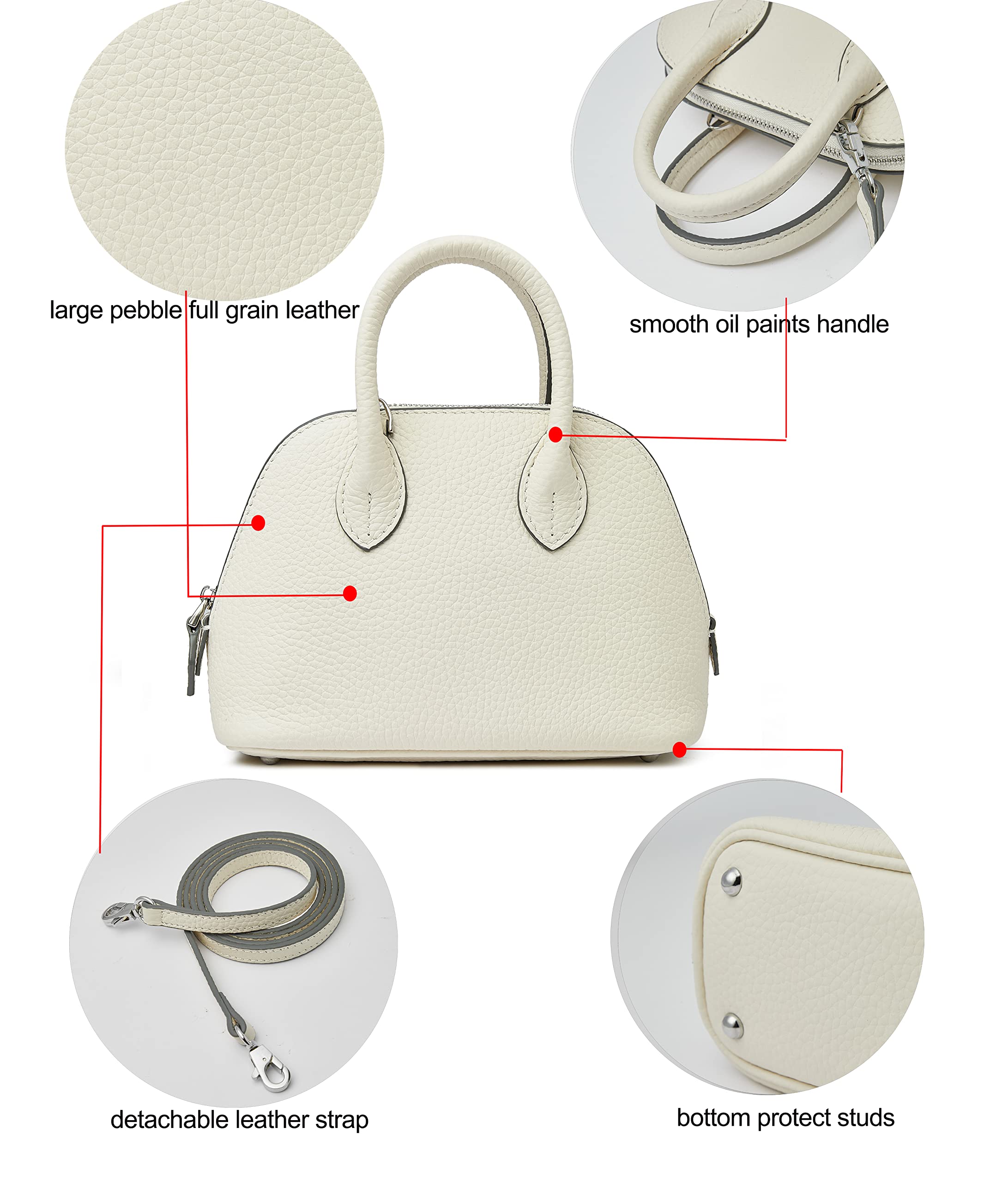 DORIS&JACKY Small Leather Dome Crossbody Bag Cute Shell Shape Zip Around Handbags (2-Off White)