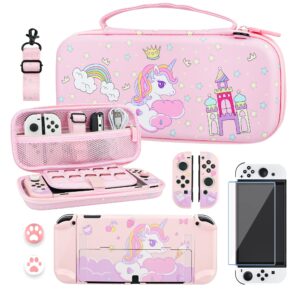 RHOTALL Cute for Carrying Case Set for Nintendo Switch OLED, Pink Storage Case for Switch OLED and Accessories with Protective Case, Screen Protector, Adjustable Shoulder Strap, 2 Thumb Caps