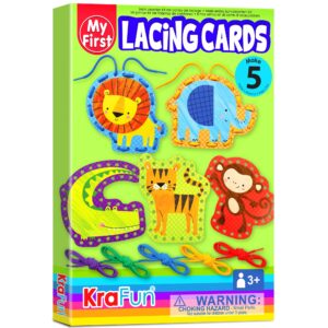 KRAFUN Beginner Preschool Lacing Card Kit for Kids Arts & Crafts, 5 Easy Safari and Animal Lacing Projects, Lacing Cards for Toddlers, Fine Motor Skills Training Toys