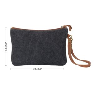 Women's Wristlet Clutch Slim Wallet Bag in Canvas & Cowhide Leather, Handmade Envelope Zipper Purse Handbag Pouch Bag with Nice Printing Pattern Vintage Style