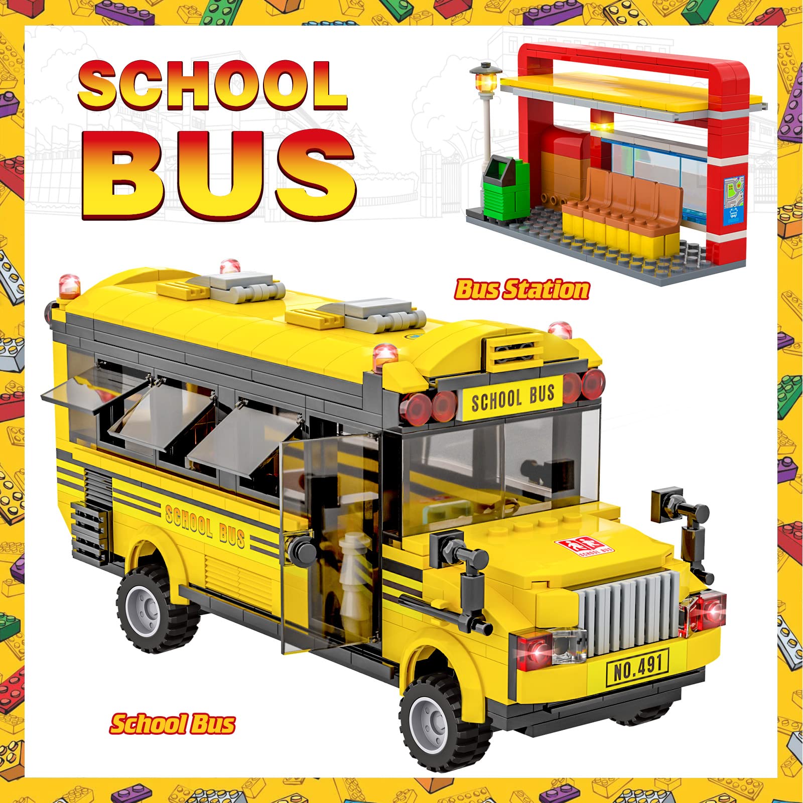 School Bus Building Blocks Set, City School Day Bus Construction Playset with School Bus & Station, Education Learning Roleplay STEM Brick Toys Ideal Gift for Kids, Boys Girls Aged 6+ (488 Pieces)