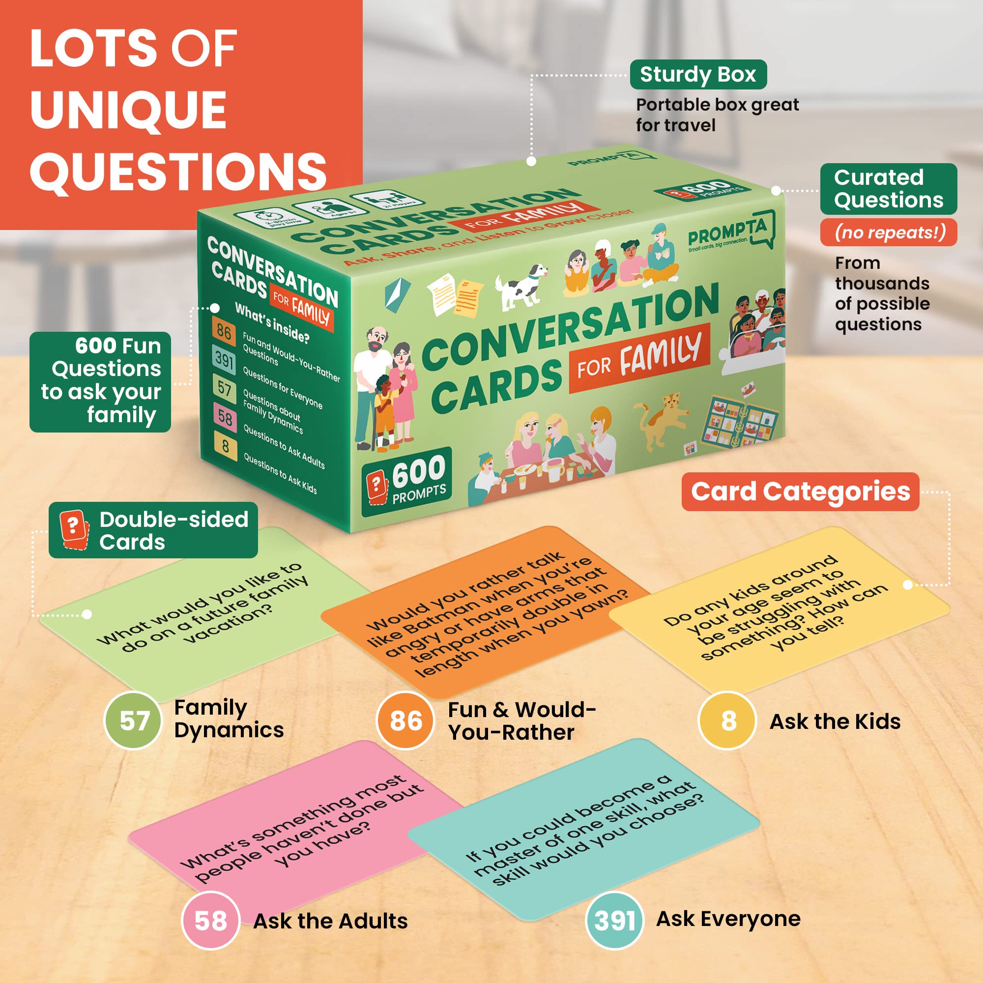 Prompta 600 Conversation Cards for Families – Fun Conversation Starters Card Game for Adults and Families – Road Trip Must Have Travel Game to Get to Know Your Family - Kids Dinner Time