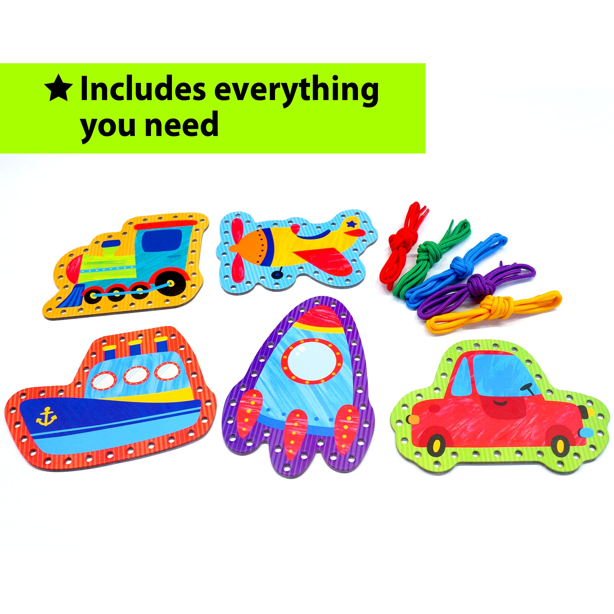 KRAFUN Preschool Beginner First Lacing Card Kit for Kids Training Arts & Crafts, 5 Easy Transport and Cars Lacing Projects, Lacing Cards for Toddlers, Fine Motor Skills Toys