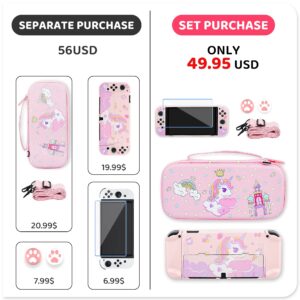 RHOTALL Cute for Carrying Case Set for Nintendo Switch OLED, Pink Storage Case for Switch OLED and Accessories with Protective Case, Screen Protector, Adjustable Shoulder Strap, 2 Thumb Caps