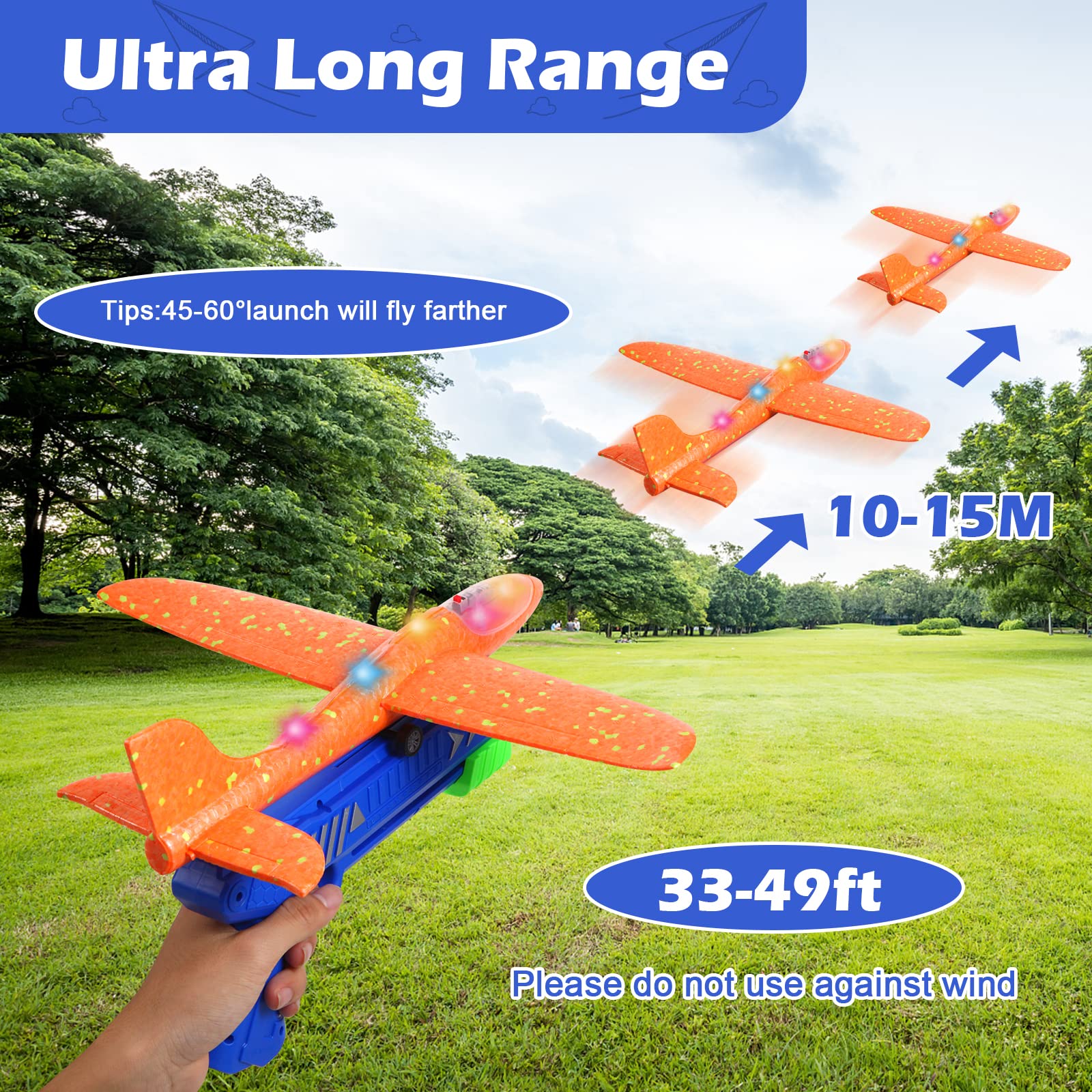 HIKTARME 3 Pack Airplane Launcher Toys, 2 Flight Modes LED Foam Glider Catapult Plane Toy for Kids, Outdoor Flying Airplane Games Toys Birthday Gifts for Boys Girls 4 5 6 7 8 9 10 11 12 Year Old