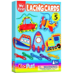 krafun preschool beginner first lacing card kit for kids training arts & crafts, 5 easy transport and cars lacing projects, lacing cards for toddlers, fine motor skills toys