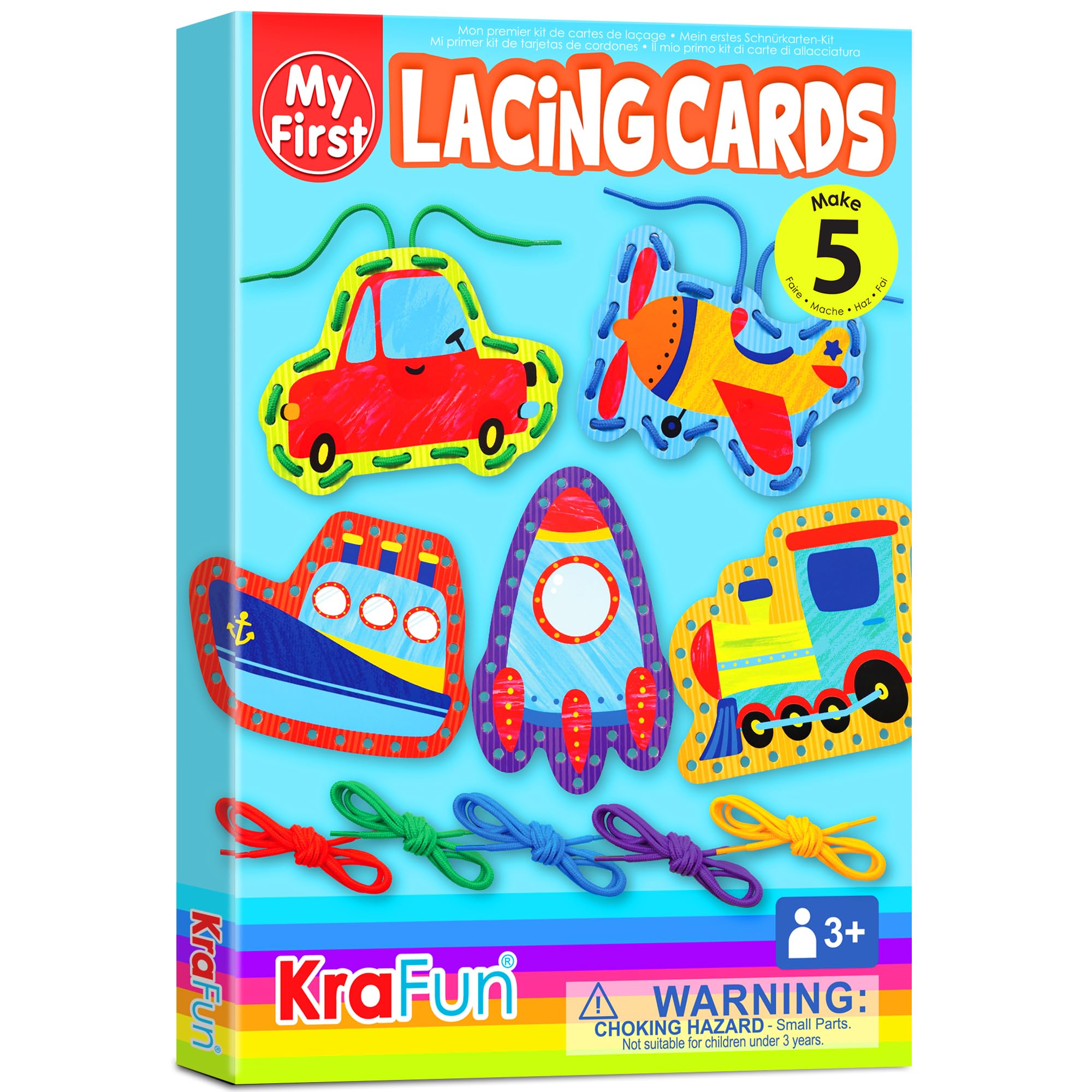 KRAFUN Preschool Beginner First Lacing Card Kit for Kids Training Arts & Crafts, 5 Easy Transport and Cars Lacing Projects, Lacing Cards for Toddlers, Fine Motor Skills Toys