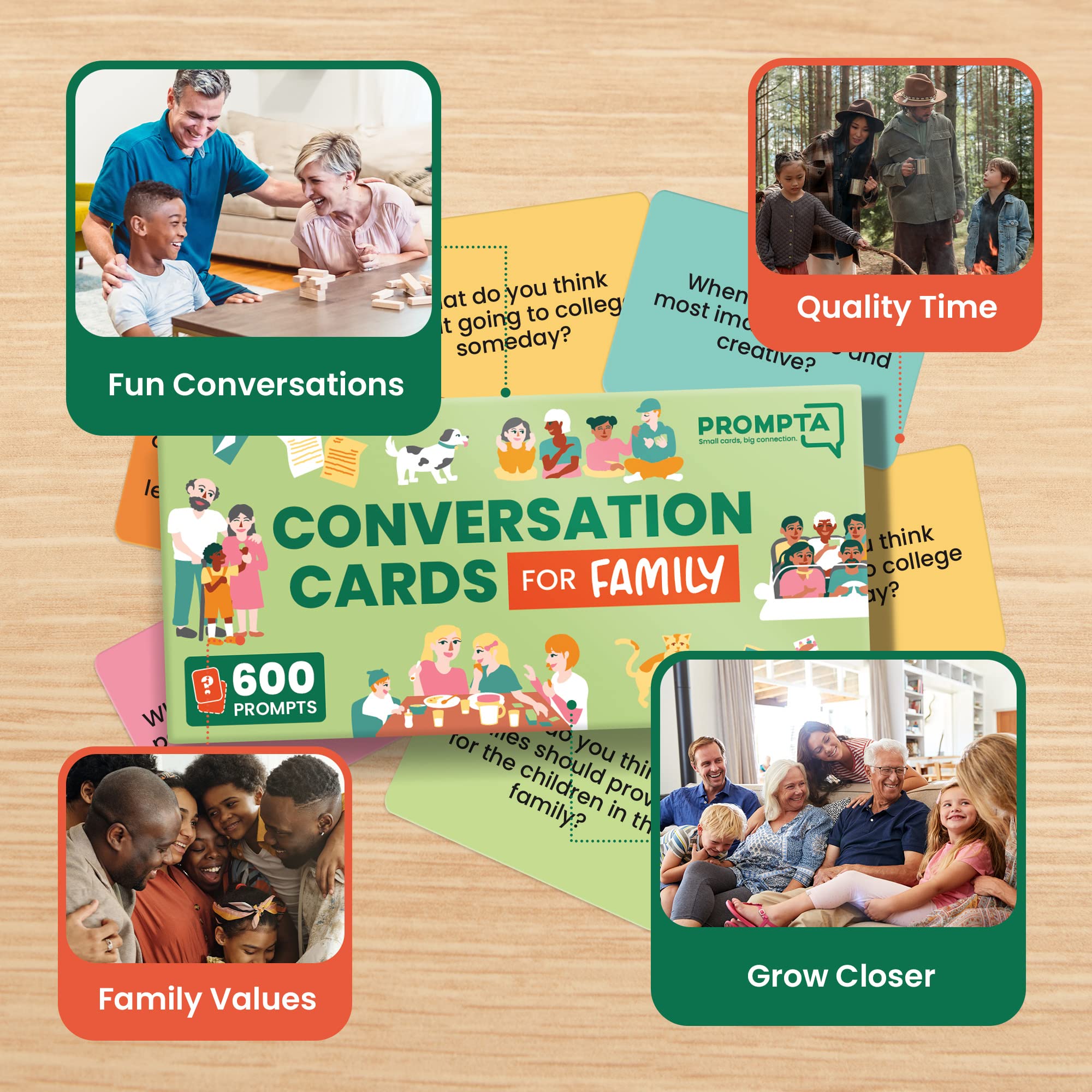 Prompta 600 Conversation Cards for Families – Fun Conversation Starters Card Game for Adults and Families – Road Trip Must Have Travel Game to Get to Know Your Family - Kids Dinner Time