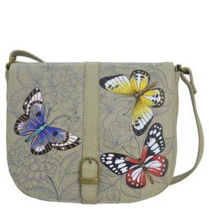 anna by anuschka hand painted women’s genuine leather - flap crossbody - butterfly garden taupe