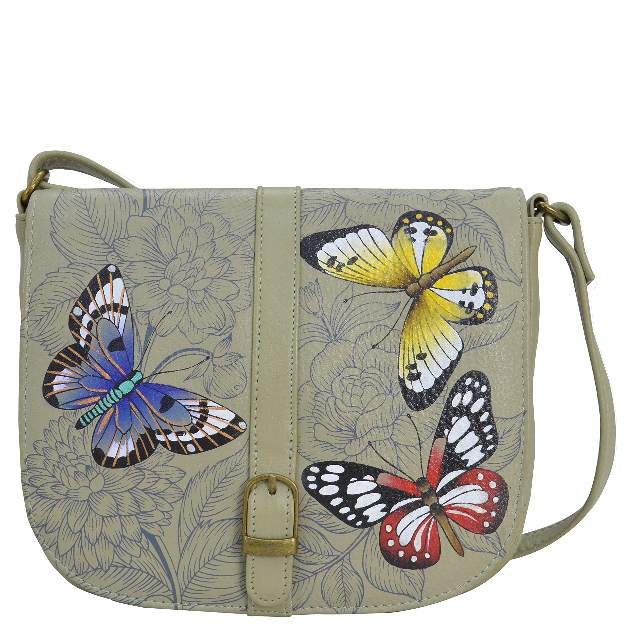 Anna by Anuschka Hand Painted Women’s Genuine Leather - Flap Crossbody - Butterfly Garden Taupe