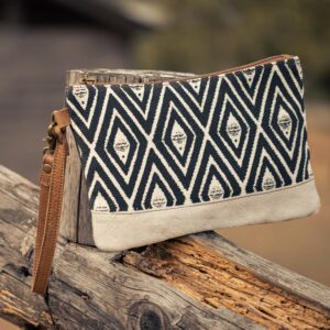 Women's Wristlet Clutch Slim Wallet Bag in Canvas & Cowhide Leather, Handmade Envelope Zipper Purse Handbag Pouch Bag with Nice Printing Pattern Vintage Style