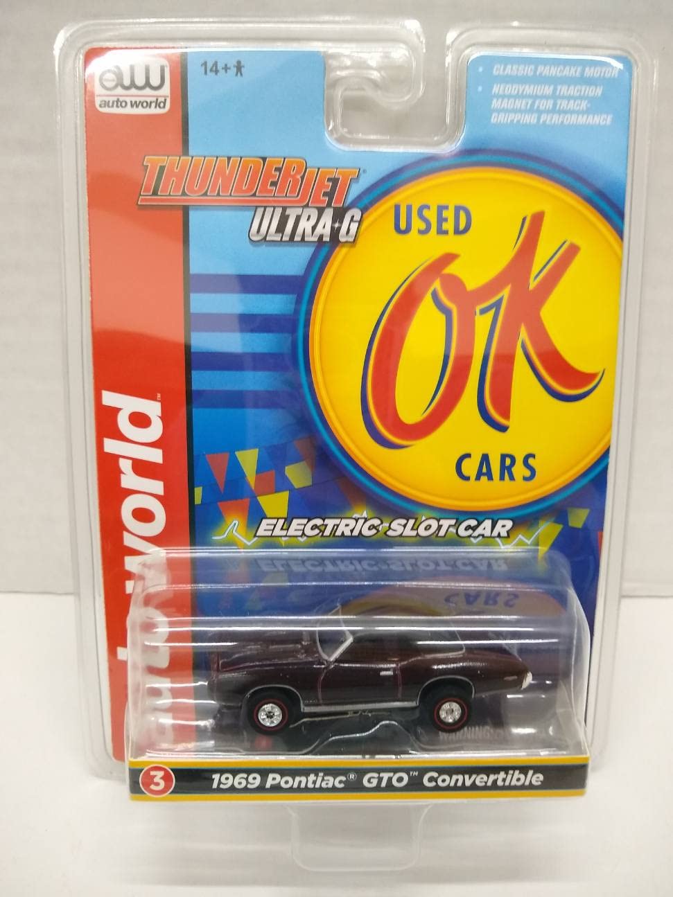 Auto World SC377-3A OK Used Cars 1969 GTO Convertible HO Scale Electric Slot Car - Black Cherry