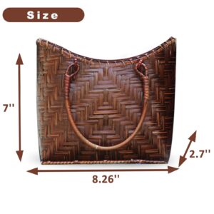 QTKJ Summer Beach Bag, Boho Handmade Rattan Handbag, Round Bamboo Handle, Large Straw Retro patternTote Bag for Beach Vacation Daily(Brown)