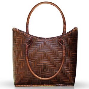 QTKJ Summer Beach Bag, Boho Handmade Rattan Handbag, Round Bamboo Handle, Large Straw Retro patternTote Bag for Beach Vacation Daily(Brown)