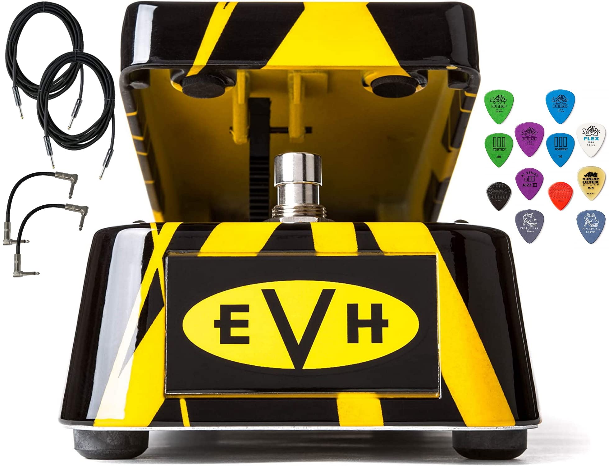 Briskdrop Dunlop EVH95 Signature Wah Pedal Bundle with 2 Instrument Cables, 2 Patch Cables and Dunlop Pick Pack, Yellow,Blue, EVH95-2x2