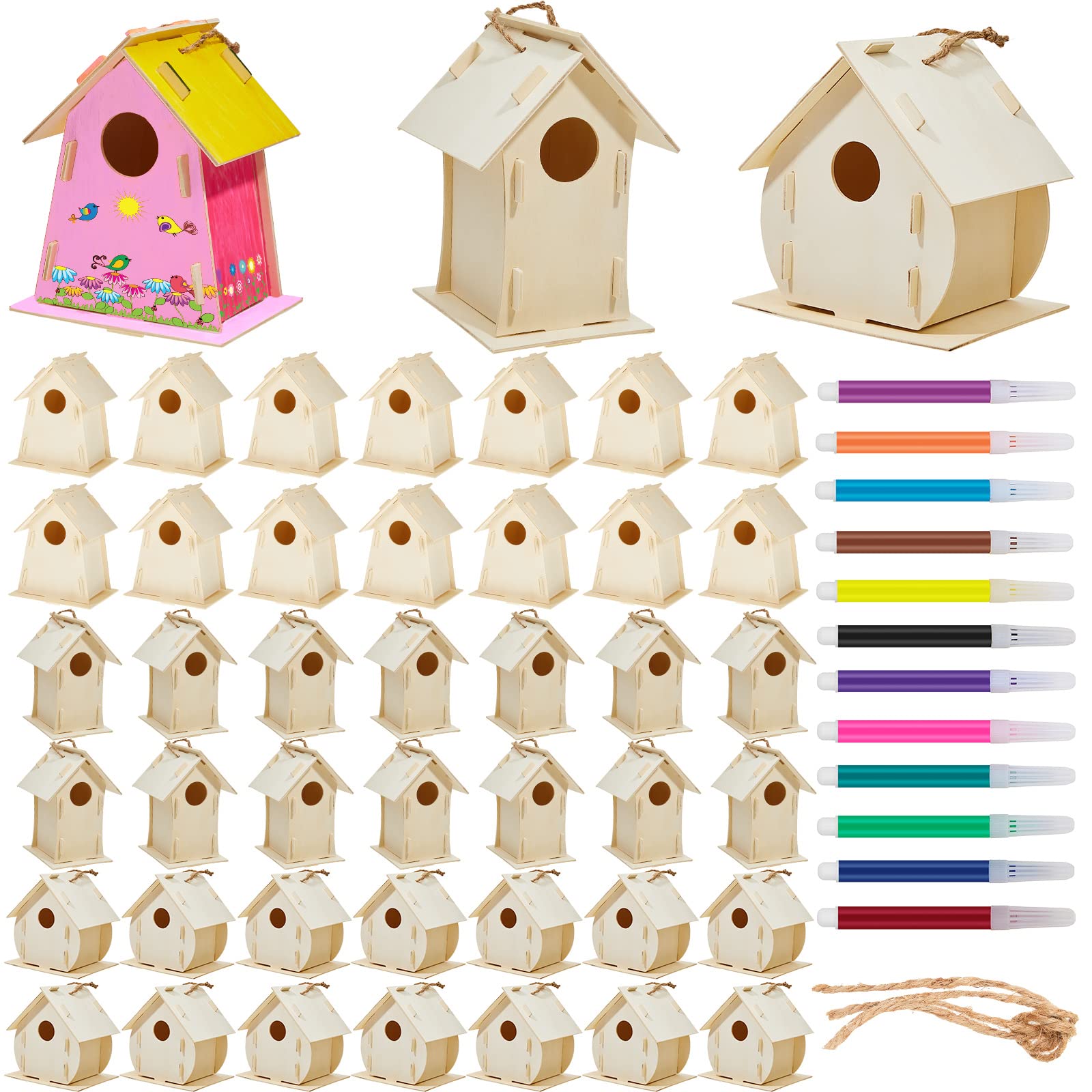 21 Sets DIY Birdhouse Kit to Build and Paint, Include Unfinished Wooden Bird House, Strips and Colorful Painting Pens for Fun Craft Activity Creative DIY Art Project