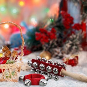 9 Pcs Christmas Hand Jingle Bells Wooden Hand Sleigh Bells Wrist Band Jingle Bells Jingle Shaker Bells with Wooden Grip Musical Bell Instruments Handheld Bells for Birthday Party Favors