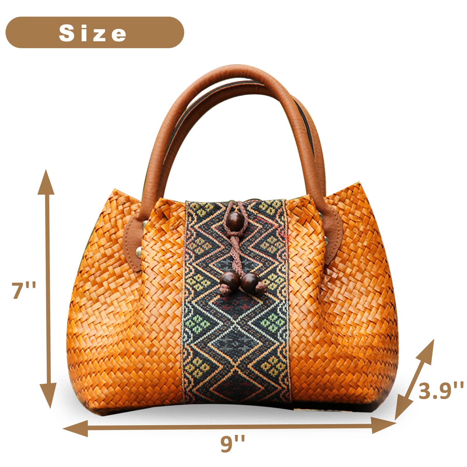 QTKJ Beach Bag for Women, Handmade Rattan Tote Bag, Leather Handle, Boho Retro pattern Straw Woven Handbag, Large Summer Beach Vacation Bag (Khaki)