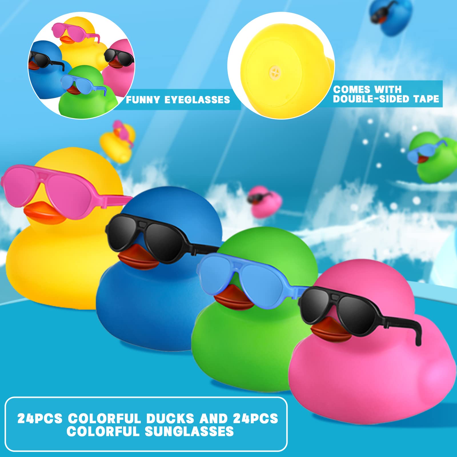 24 Pcs Mini Rubber Ducks with Sunglasses, Rubber Ducks in Bulk Valentine Duck Bathtub Toys for Cruise Valentines Kids Classroom Gift Exchange(Yellow, Blue, Pink, Black, Green, Eyeglasses)