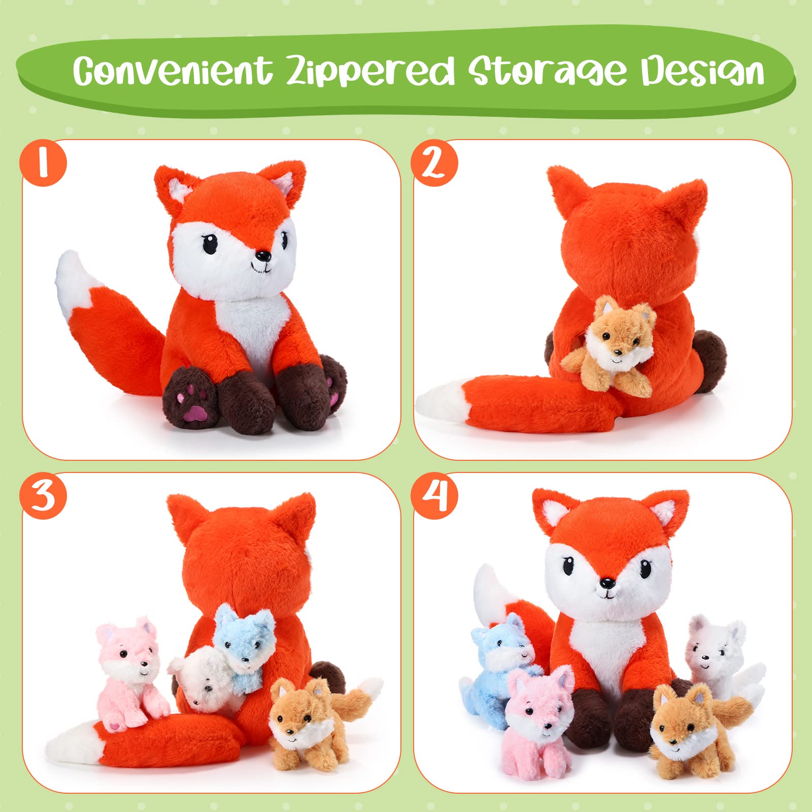 HyDren 5 Pcs Fox Plush Toy Set 14 Inch Mommy Fox Stuffed Animal with 4 Cute Plush Baby Foxes in Tummy Soft Cuddly Fox Plushies for Baby Shower Birthday Gifts Woodland Party Decor Favors