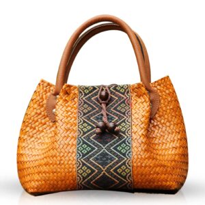 qtkj beach bag for women, handmade rattan tote bag, leather handle, boho retro pattern straw woven handbag, large summer beach vacation bag (khaki)