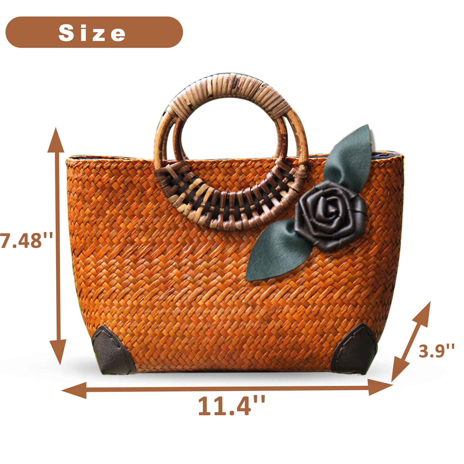 QTKJ Summer Beach Bag, Boho Handmade Rattan Handbag, Round Bamboo Handle and Silk Flower, Large Straw Retro patternTote Bag for Beach Vacation Daily(Brown)