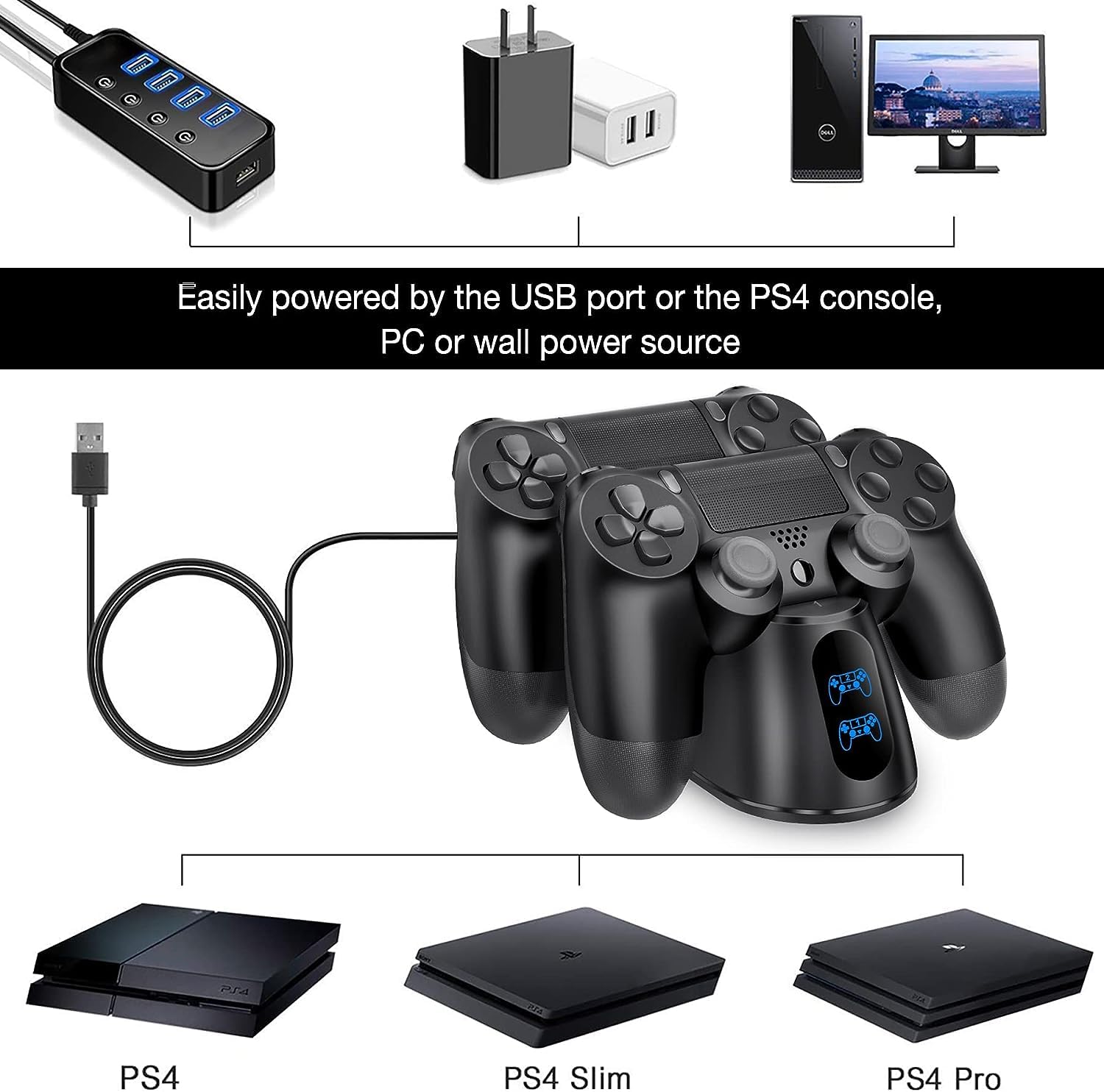 PS4 Controller Charger Station, PS4 Charger PS4 Charging Station for PlayStation 4 Dualshock 4 Controller, Upgraded PS4 Charging Dock Station with 1.8H Fast-Charging for PlayStation 4 Controllers