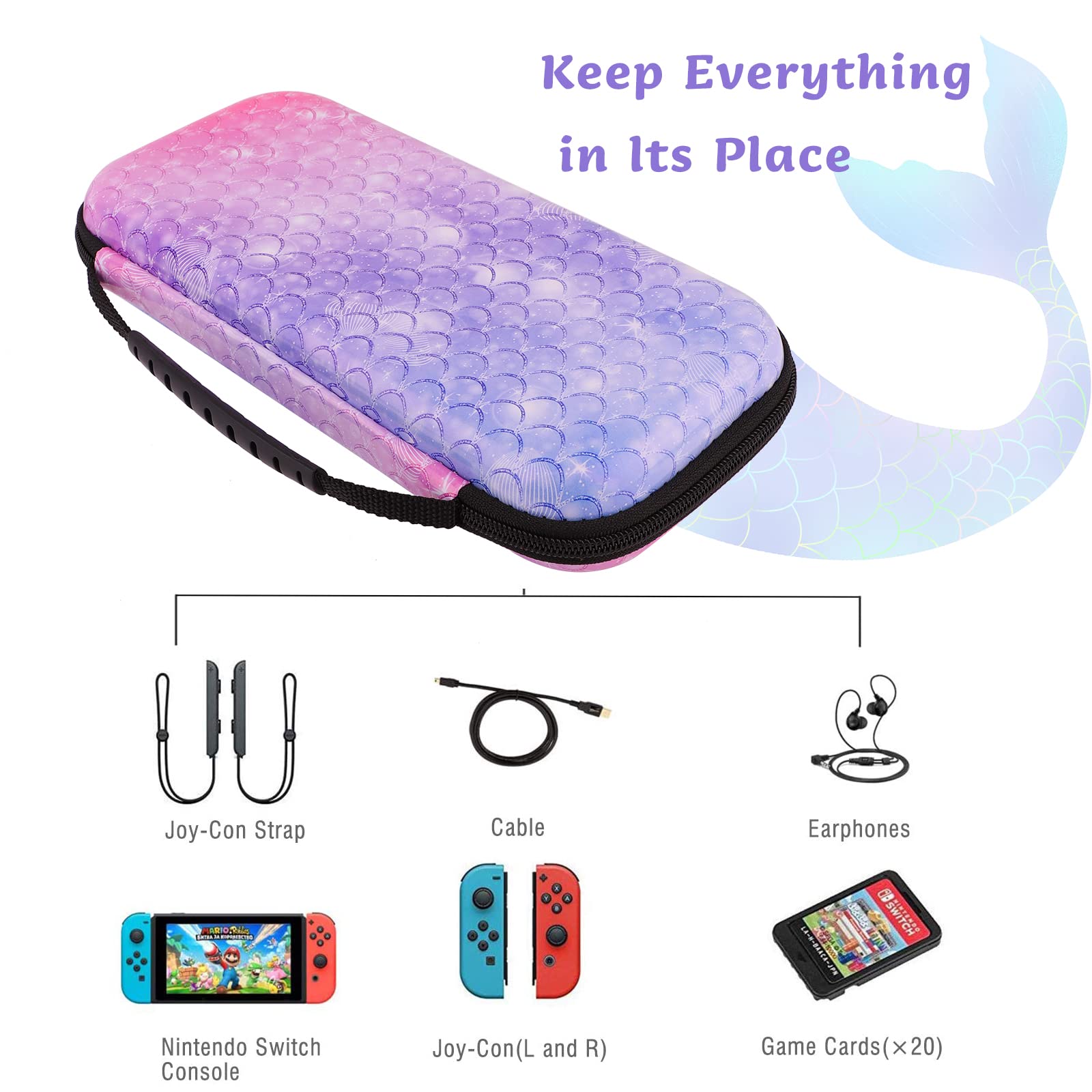 homicozy Purple Mermaid Hard Carrying Case for Nintendo Switch,Soft TPU Protective Case Cover with Portable Travel Case Compatible with Nintendo Switch for Girls