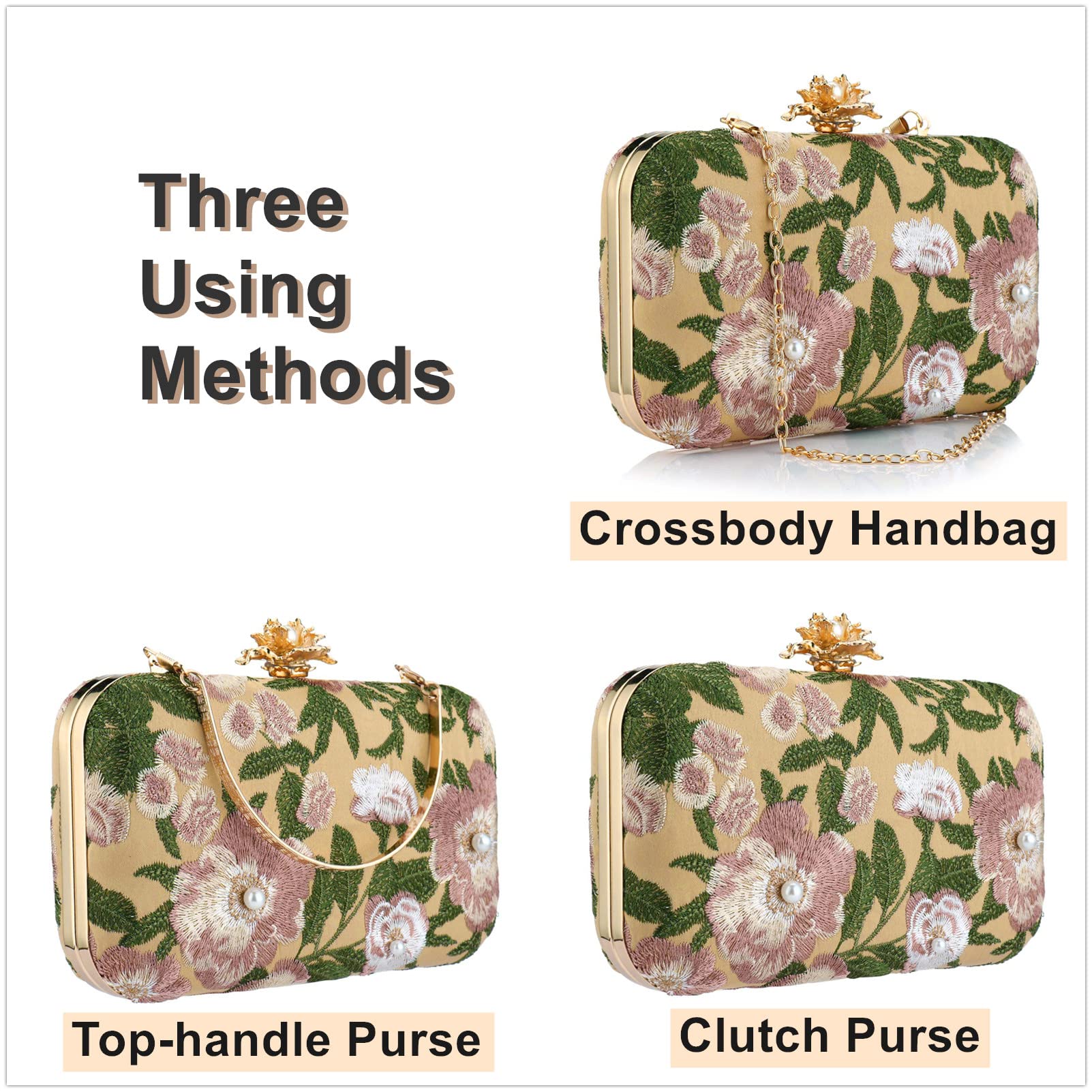 Clutch Purse Women Floral Embroidery Evening Bag Elegant Crossbody Bag Handbags for Wedding Cocktail Party Prom Banquet (Dark Yellow)