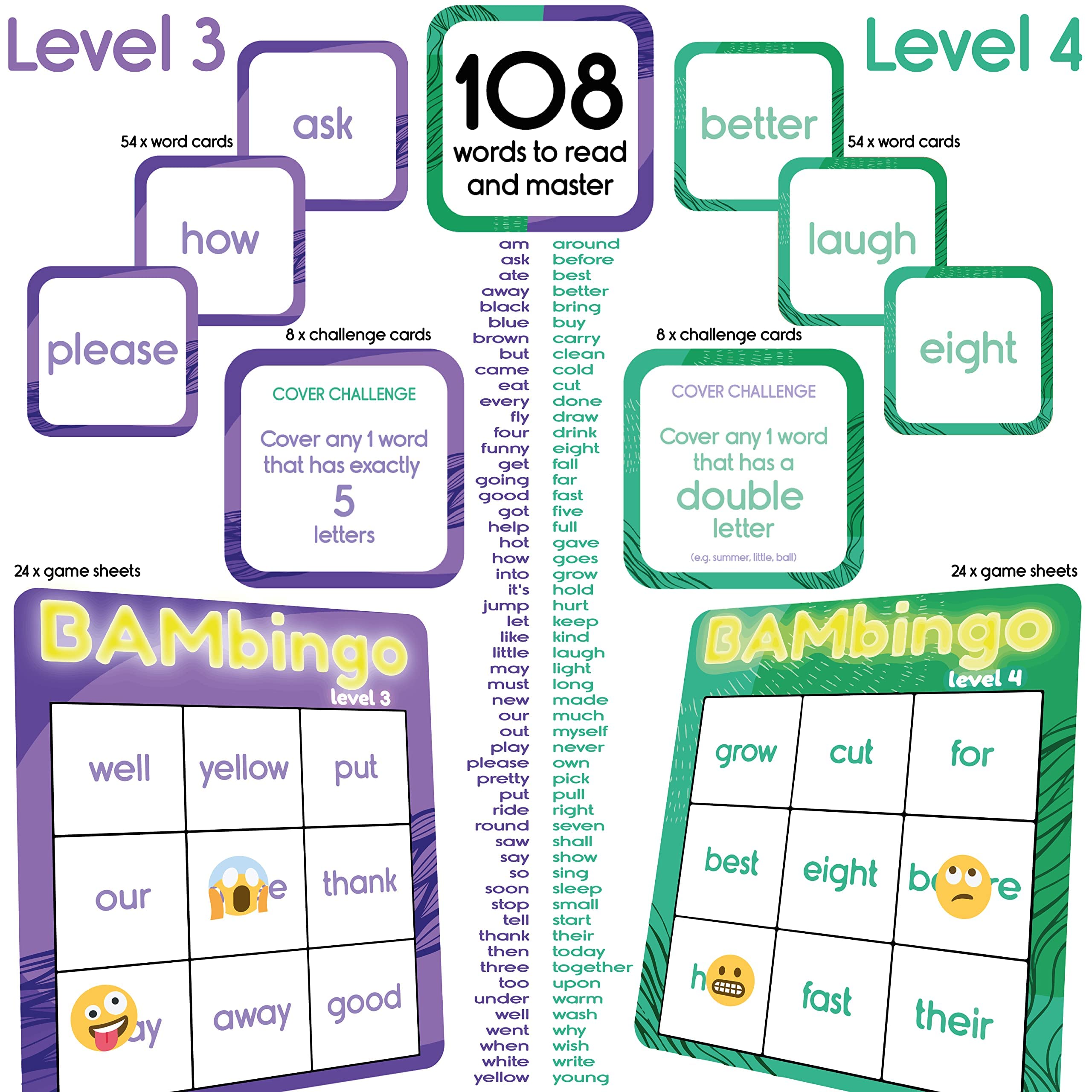 THE BAMBINO TREE Sight Word BAMBingo Levels 1, 2, 3 and 4 - Preschool Kindergarten 1st Grade 2nd Grade Sight Words