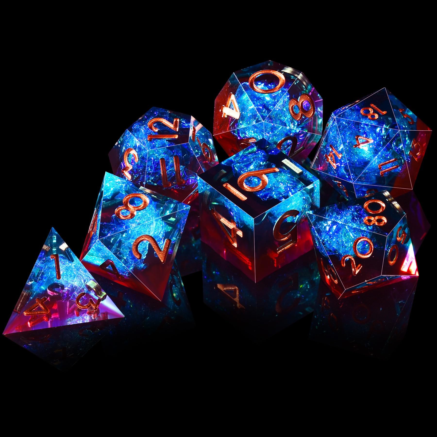 AUSTOR 7-Die DND Dice Set Handmade Sharp Edge Polyhedral Dice for Dungeons and Dragons RPG MTG Table Games（Flame Red & Ice Blue）