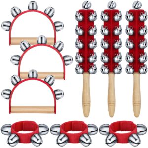 9 pcs christmas hand jingle bells wooden hand sleigh bells wrist band jingle bells jingle shaker bells with wooden grip musical bell instruments handheld bells for birthday party favors