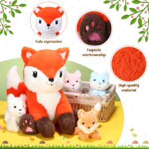 HyDren 5 Pcs Fox Plush Toy Set 14 Inch Mommy Fox Stuffed Animal with 4 Cute Plush Baby Foxes in Tummy Soft Cuddly Fox Plushies for Baby Shower Birthday Gifts Woodland Party Decor Favors