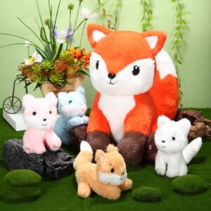 HyDren 5 Pcs Fox Plush Toy Set 14 Inch Mommy Fox Stuffed Animal with 4 Cute Plush Baby Foxes in Tummy Soft Cuddly Fox Plushies for Baby Shower Birthday Gifts Woodland Party Decor Favors