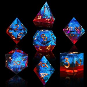 AUSTOR 7-Die DND Dice Set Handmade Sharp Edge Polyhedral Dice for Dungeons and Dragons RPG MTG Table Games（Flame Red & Ice Blue）