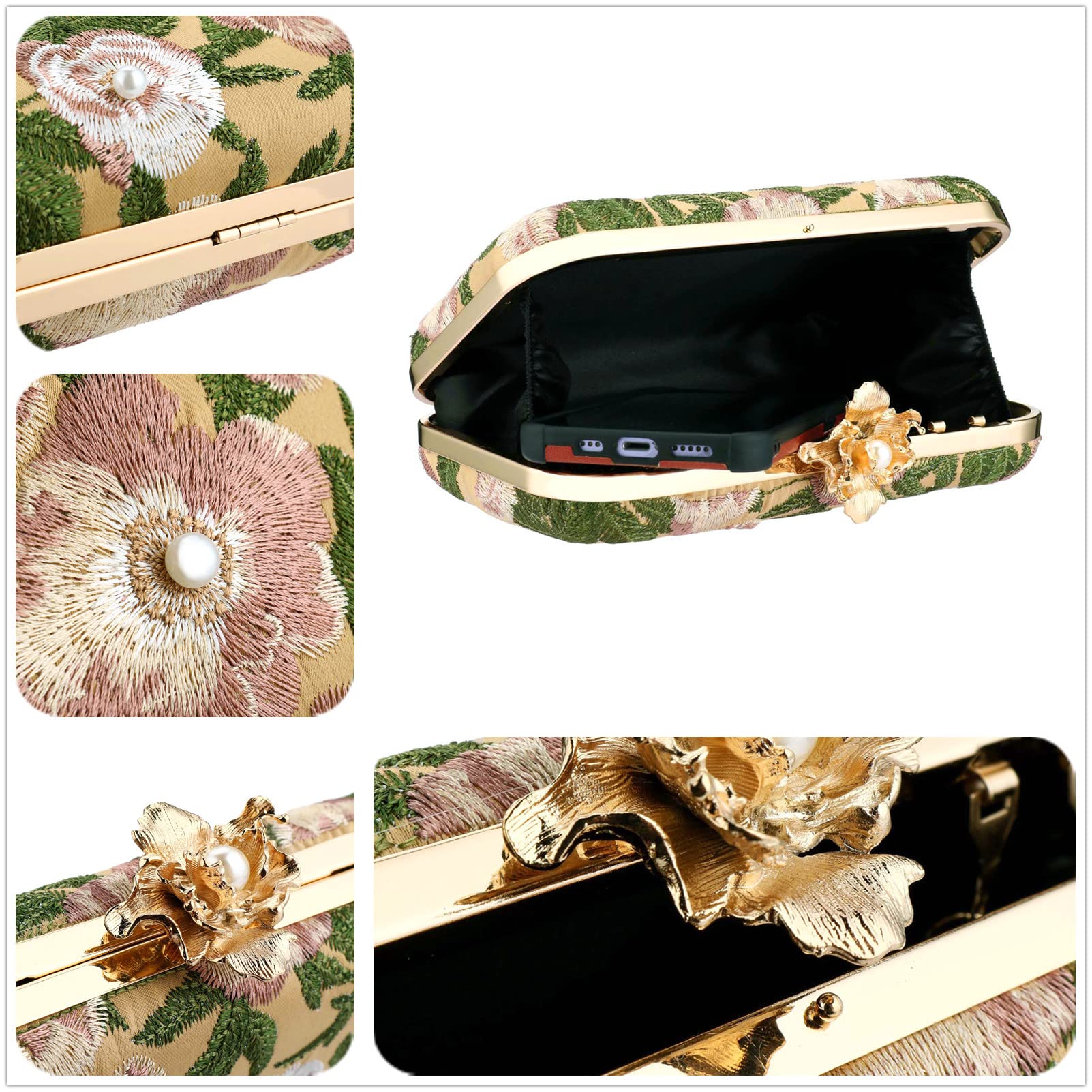 Clutch Purse Women Floral Embroidery Evening Bag Elegant Crossbody Bag Handbags for Wedding Cocktail Party Prom Banquet (Dark Yellow)