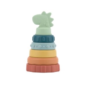 itzy ritzy - itzy stacker silicone stacking & teething toy - baby stacking rings for babies 3 months & up (dinosaur)